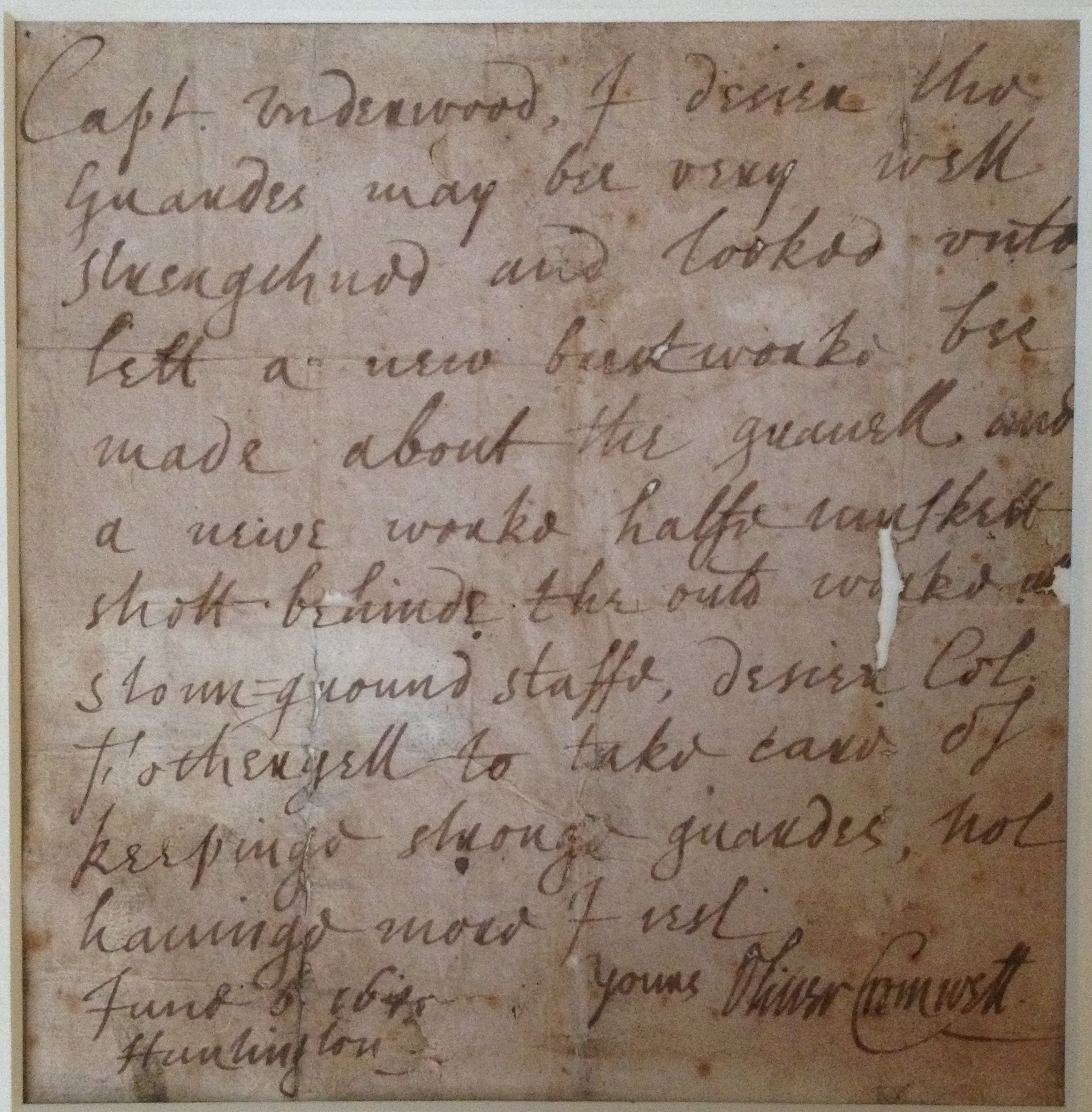 Letter to Captain Underwood, signed by Cromwell, June 6th, 1645 from Huntingdon. thumbnail