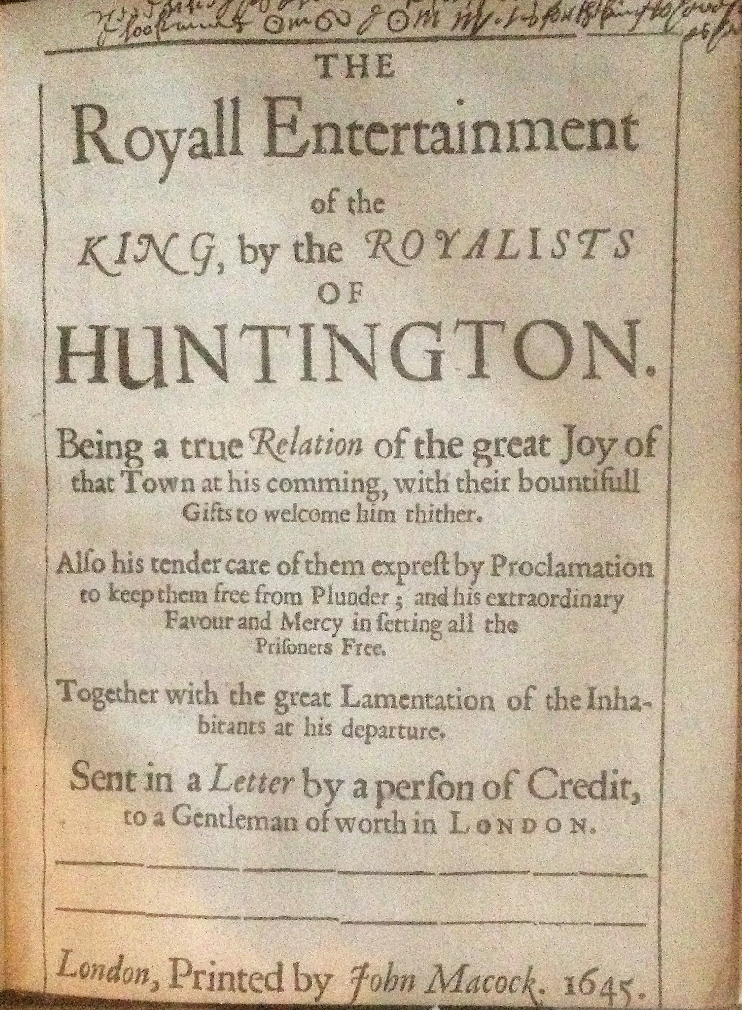 ‘The Royall Entertainment of the King by the Royalists of Huntingdon’, 1645. thumbnail